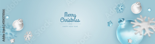 Happy New Year and Merry Christmas. Christmas holiday background with realistic 3d objects, bauble balls, conical metal stars. Levitation falling design composition.