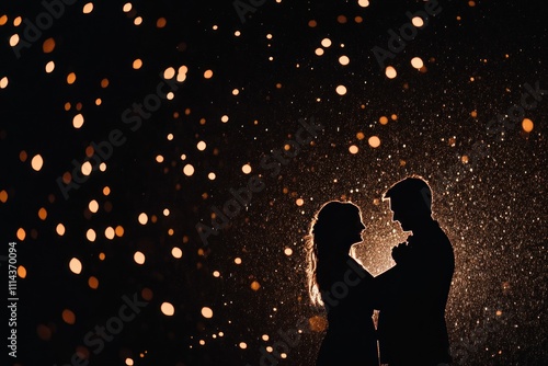 Silhouetted Couple Embracing Under Sparkling Lights