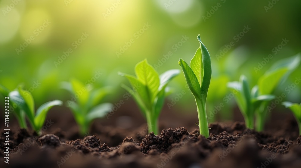 Closeup view of green bean sprouts or seedlings emerging from nutrient rich soil in a thriving vegetable garden with a blurred out of focus natural backdrop filled with bokeh effects and lush foliage Closeup view of green bean sprouts or seedlings emerging from nutrient rich soil in a thriving vegetable garden with a blurred out of focus natural backdrop filled with bokeh effects and lush foliage