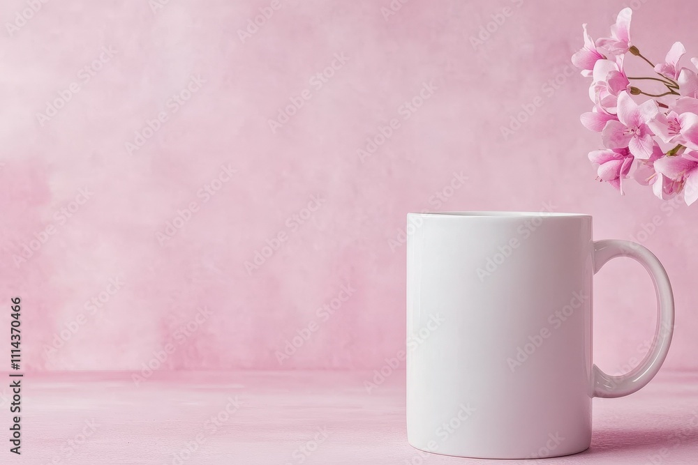 Elegant white mug positioned beside delicate pink blossoms on a soft pastel background Elegant white mug positioned beside delicate pink blossoms on a soft pastel background
