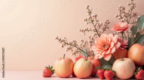 Elegant Floral and Fruit Composition in Soft Peach and Blush Tones for Decorative Display