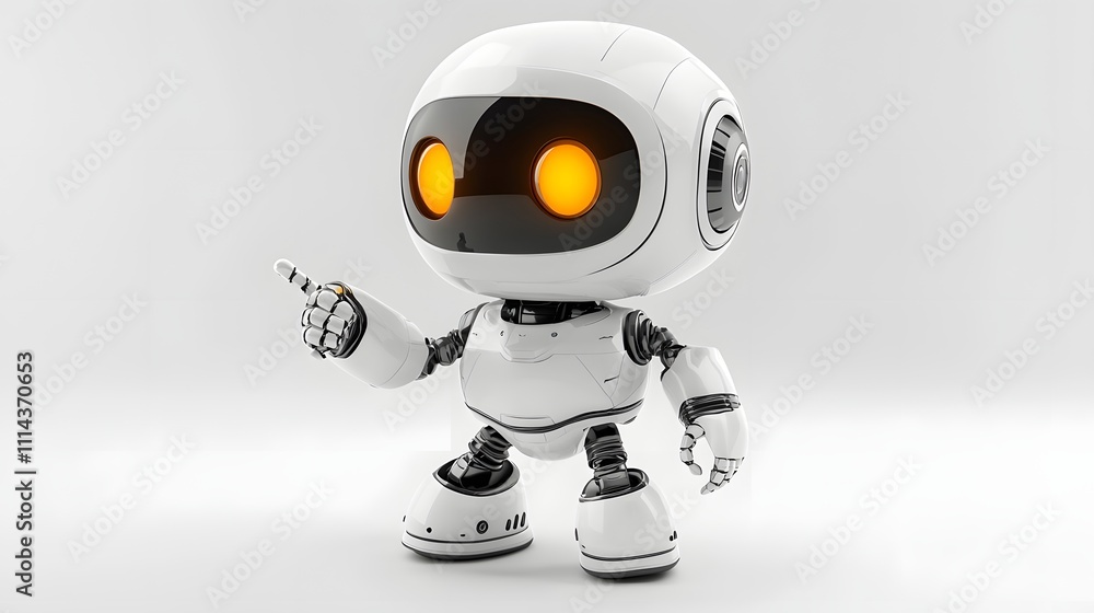 Tiny White Robot with Glowing Eyes and Smiling Face Pointing to the ...