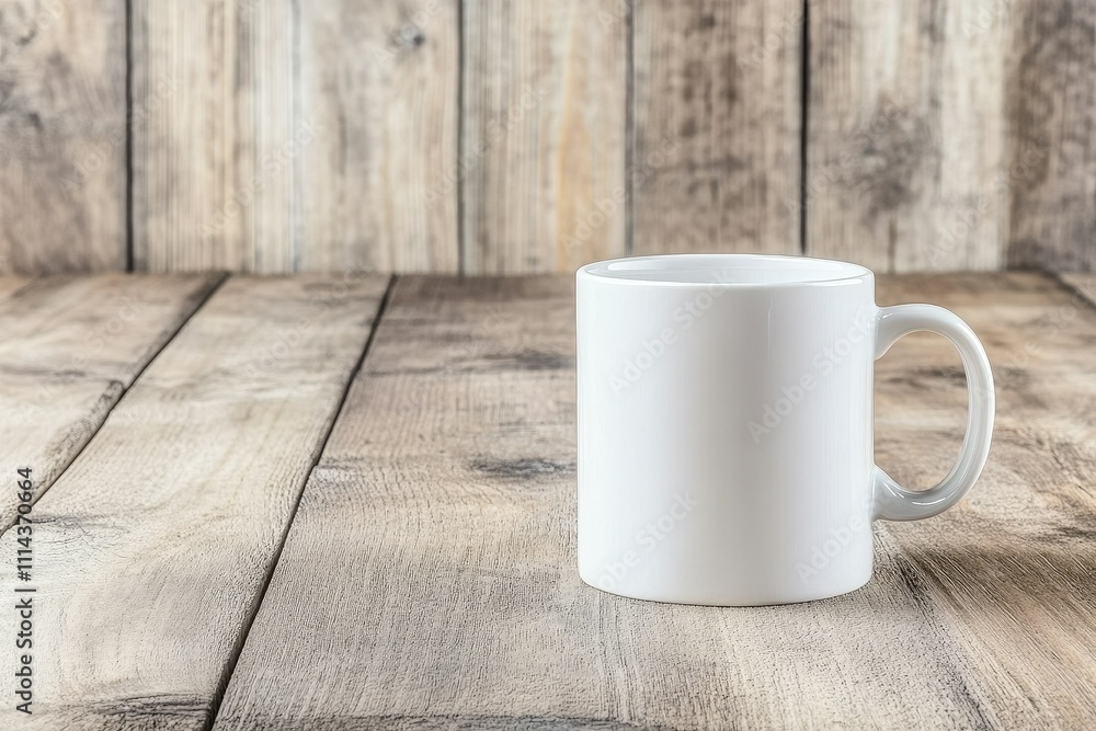 Empty white mug sits on rustic wooden table, waiting to be filled with a warm beverage Empty white mug sits on rustic wooden table, waiting to be filled with a warm beverage