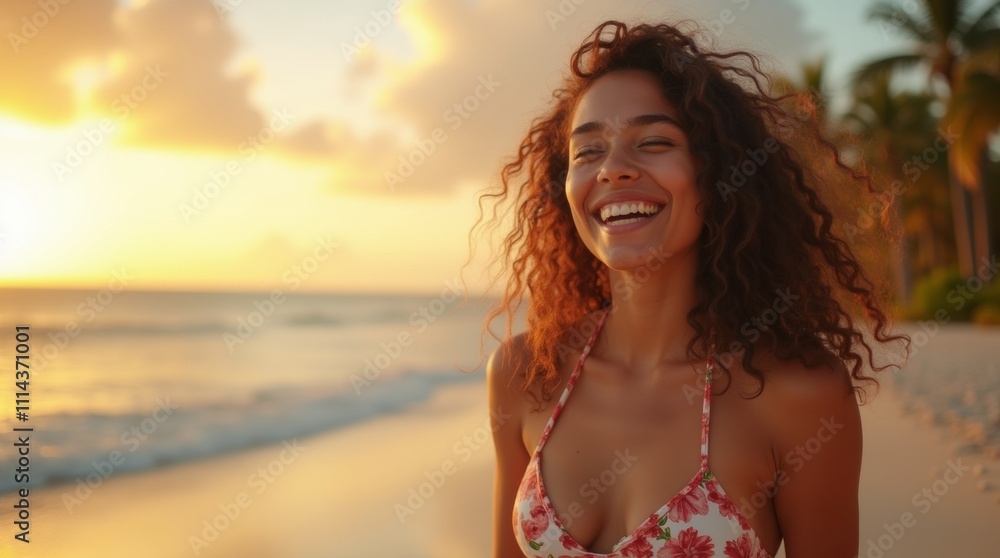 Joyful young woman with curly hair in a bikini enjoys the beauty of a tropical beach at sunset smiling happily with the ocean and palm trees in the background capturing the essence of a peaceful Joyful young woman with curly hair in a bikini enjoys the beauty of a tropical beach at sunset smiling happily with the ocean and palm trees in the background capturing the essence of a peaceful