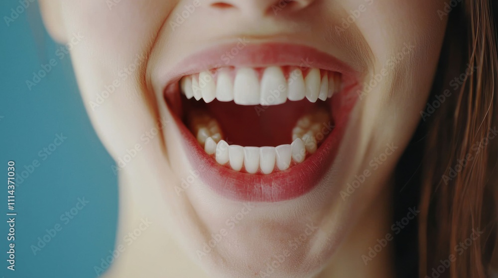 Fototapeta premium Woman, mouth and teeth in studio for oral health, dental care and orthodontics isolated on white background. Female person, smile and tooth whitening or hygiene, veneers and self care for wellness
