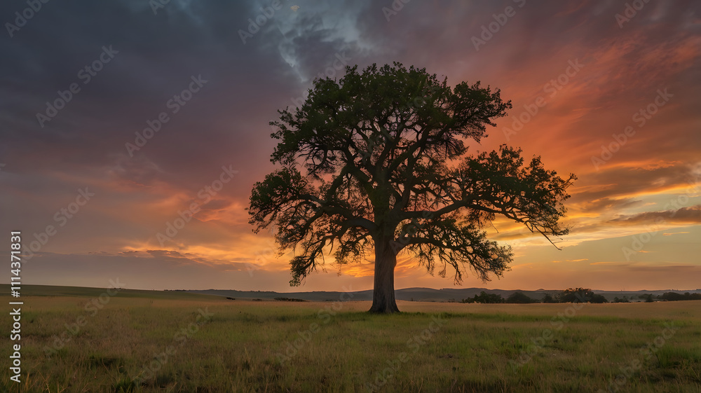 Fototapeta premium A single tree standing tall in the middle of a vast grassland under a fiery sunset sky