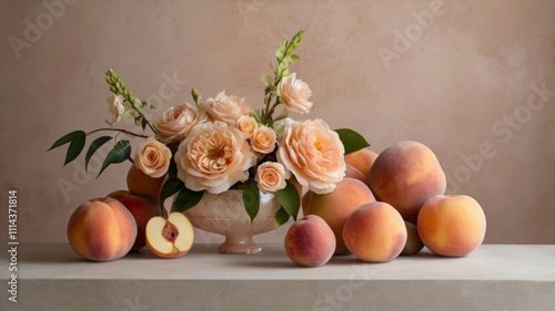 Elegant Floral and Fruit Composition in Soft Peach and Blush Tones for Decorative Display