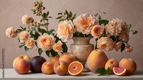 Elegant Floral and Fruit Composition in Soft Peach and Blush Tones for Decorative Display
