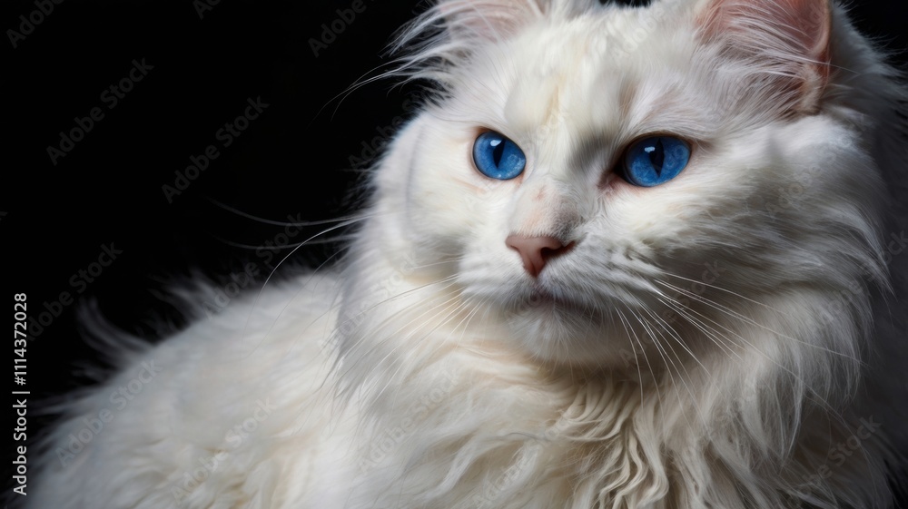 Fototapeta premium portrait of a white fluffy cat with blue eyes on a black background