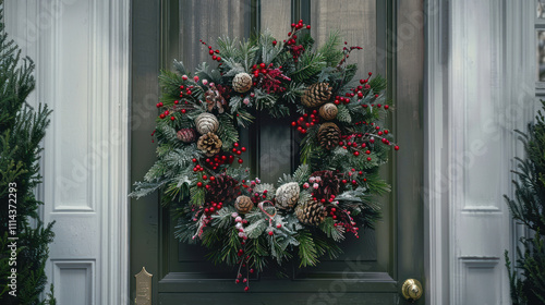 Traditional festive wreath with a mix of red and green foliage, adorned with snow-tipped pine and red berries for a holiday classic