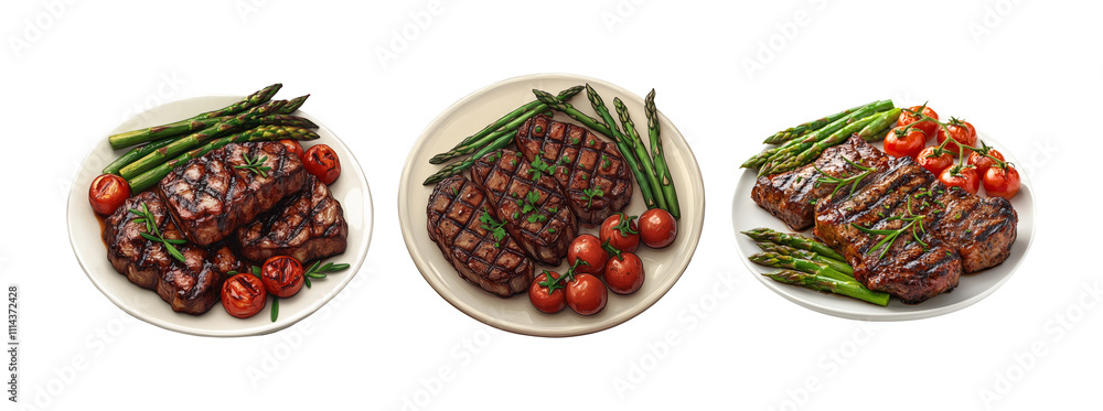 Naklejka premium Grilled Steak with Asparagus and Tomatoes on Plates