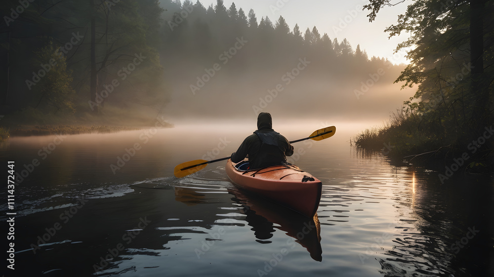 A solitary kayak drifting through a quiet, foggy forest river at dawn