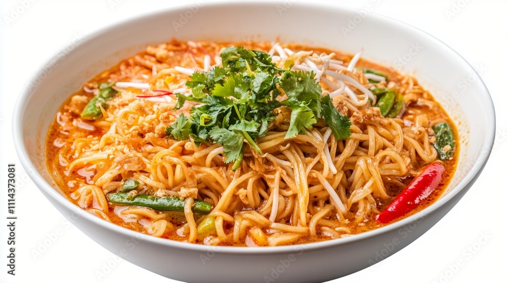 A delicious and spicy bowl of Asian noodle soup garnished with fresh cilantro, bean sprouts, and vibrant red chili peppers on a white background, perfect for culinary presentations. A delicious and spicy bowl of Asian noodle soup garnished with fresh cilantro, bean sprouts, and vibrant red chili peppers on a white background, perfect for culinary presentations.