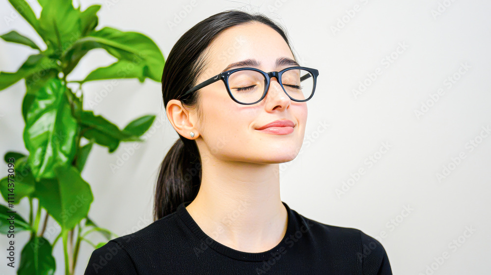 A woman wearing glasses is sitting in front of a plant A woman wearing glasses is sitting in front of a plant