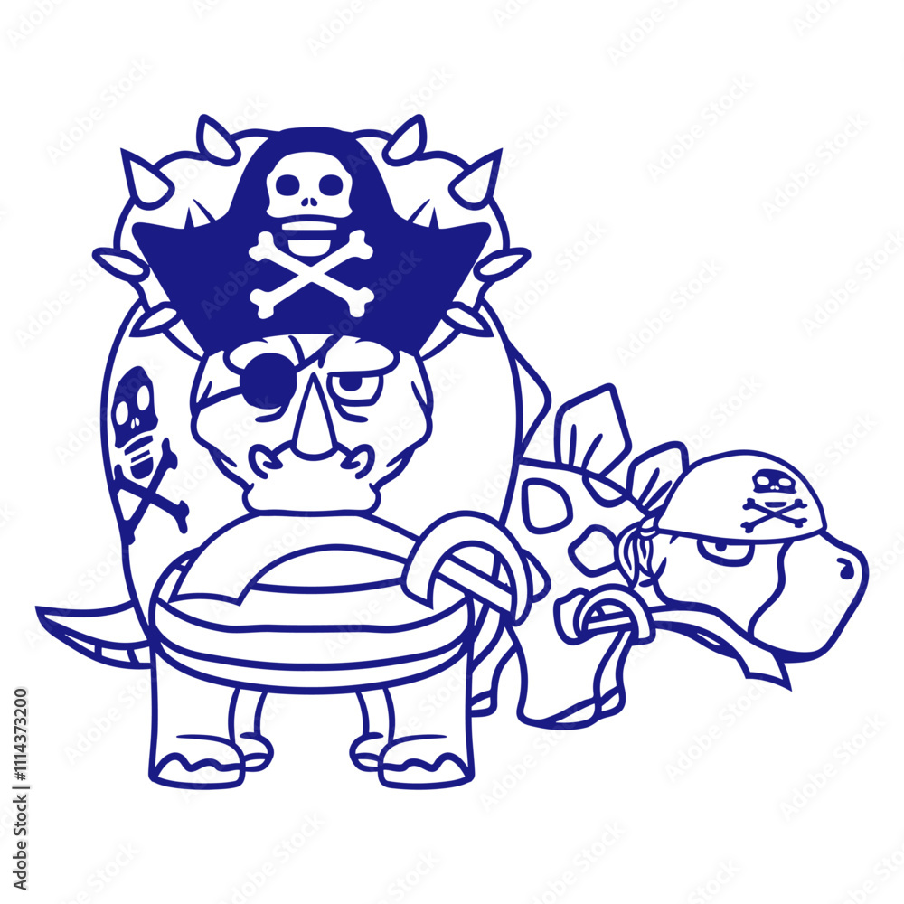 Obraz premium Triceratops Stegosaurus 2 Dinosaur Pirates Dinos Design Lover Art Vector Illustration Card T-Shirt Poster Sticker Graphic Print Decorative Drawing Isolated Logo Decoration Symbol Creative Cool Style 