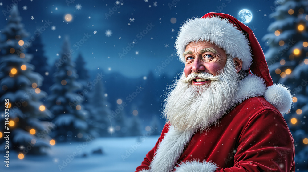 Fototapeta premium Cheerful Santa Claus in a Snowy Winter Wonderland, Surrounded by Sparkling Christmas Lights and Festive Trees, Bringing Holiday Joy and Magic to the Season