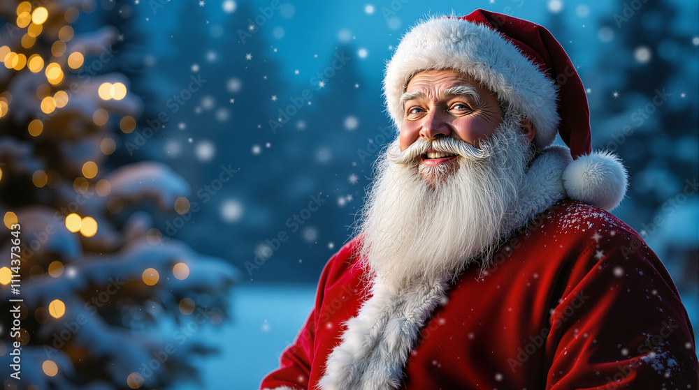 Cheerful Santa Claus in a Snowy Winter Wonderland, Surrounded by Sparkling Christmas Lights and Festive Trees, Bringing Holiday Joy and Magic to the Season Cheerful Santa Claus in a Snowy Winter Wonderland, Surrounded by Sparkling Christmas Lights and Festive Trees, Bringing Holiday Joy and Magic to the Season