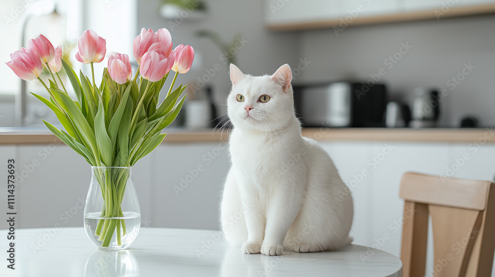 White British shorthair cat sitting beside a vase of pink tulips on a table in a bright modern kitchen, concept of elegance and serene home decor