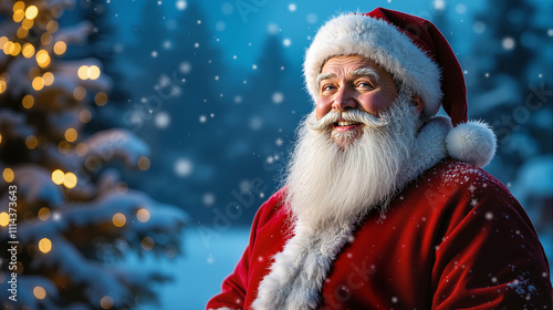 Cheerful Santa Claus in a Snowy Winter Wonderland, Surrounded by Sparkling Christmas Lights and Festive Trees, Bringing Holiday Joy and Magic to the Season