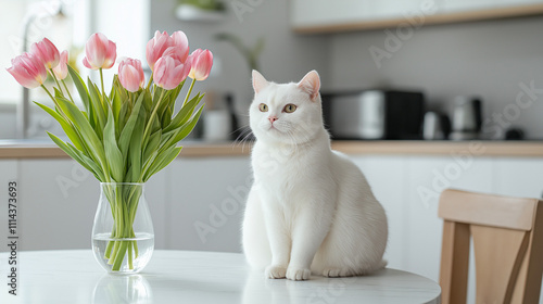 Obraz na płótnie White British shorthair cat sitting beside a vase of pink tulips on a table in a bright modern kitchen, concept of elegance and serene home decor w salonie