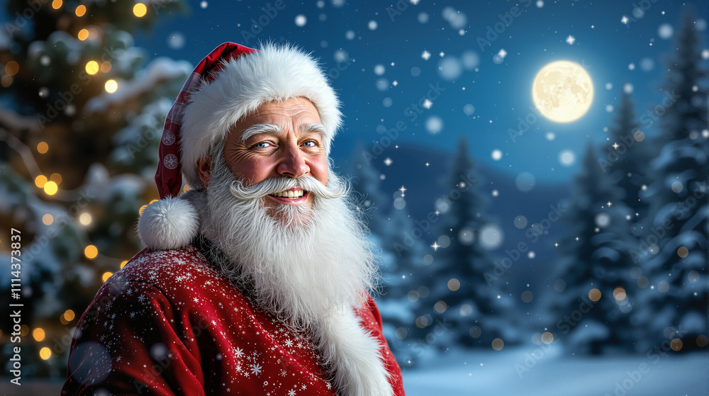 Cheerful Santa Claus in a Snowy Winter Wonderland, Surrounded by Sparkling Christmas Lights and Festive Trees, Bringing Holiday Joy and Magic to the Season Cheerful Santa Claus in a Snowy Winter Wonderland, Surrounded by Sparkling Christmas Lights and Festive Trees, Bringing Holiday Joy and Magic to the Season