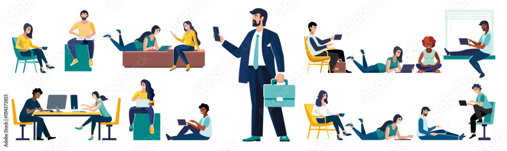 Flat vector illustration. Set of business people sitting in the process of work. Diverse men and women solving business problems, work assignments, explaining presentation, clerks doing office tasks Flat vector illustration. Set of business people sitting in the process of work. Diverse men and women solving business problems, work assignments, explaining presentation, clerks doing office tasks