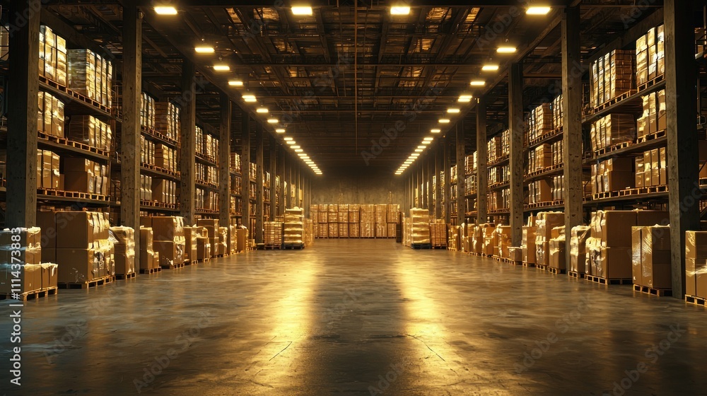 Vast Warehouse Interior: Rows of Pallets and Shelves Filled with Cardboard Boxes Under Bright Industrial Lighting Vast Warehouse Interior: Rows of Pallets and Shelves Filled with Cardboard Boxes Under Bright Industrial Lighting