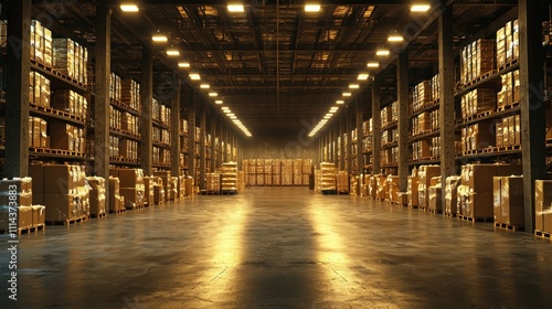 Vast Warehouse Interior: Rows of Pallets and Shelves Filled with Cardboard Boxes Under Bright Industrial Lighting