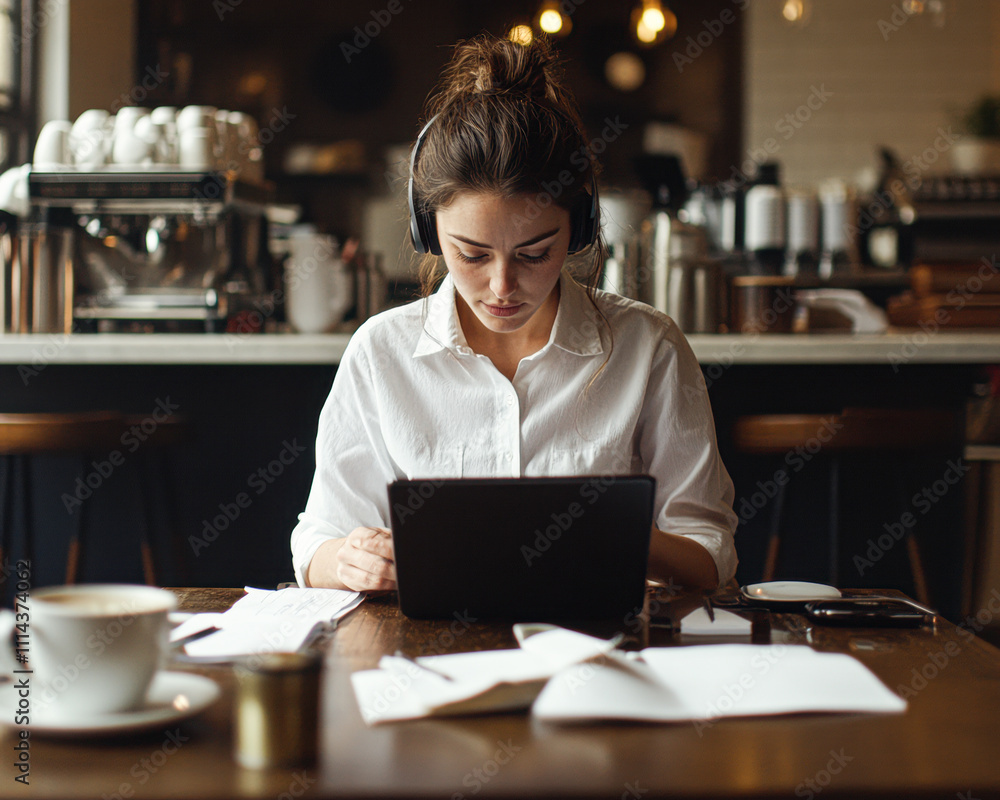 A woman is sitting at a table with a laptop and a cup of coffee A woman is sitting at a table with a laptop and a cup of coffee