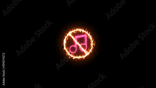 Neon line no music icon.  glowing forbidden noise icon. Prohibited loud icon. no sound sign. Warning, caution, attention, restriction, danger flat sign design.