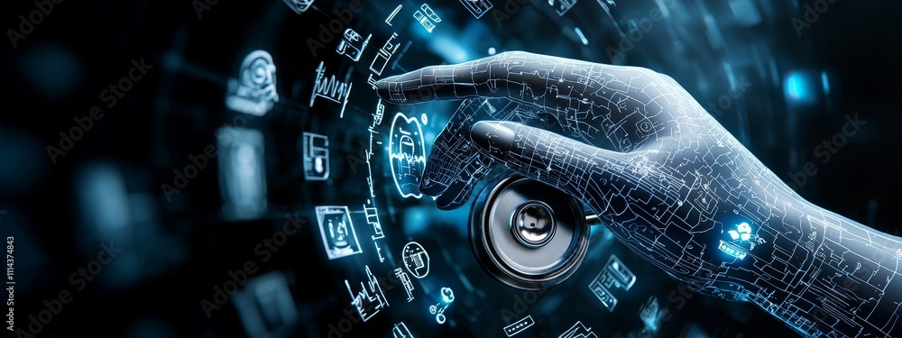 A doctor's hand holding a stethoscope, alongside a medical UI icon, representing a hospital with advanced medical technology network. A doctor's hand holding a stethoscope, alongside a medical UI icon, representing a hospital with advanced medical technology network.