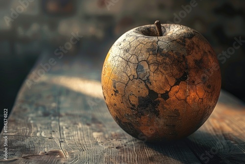 A single apple sits on top of a wooden table, perfect for still life photography or as a symbol of simplicity and freshness