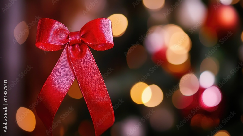 A detailed view of a bright red ribbon or bow tied around a Christmas tree branch A detailed view of a bright red ribbon or bow tied around a Christmas tree branch