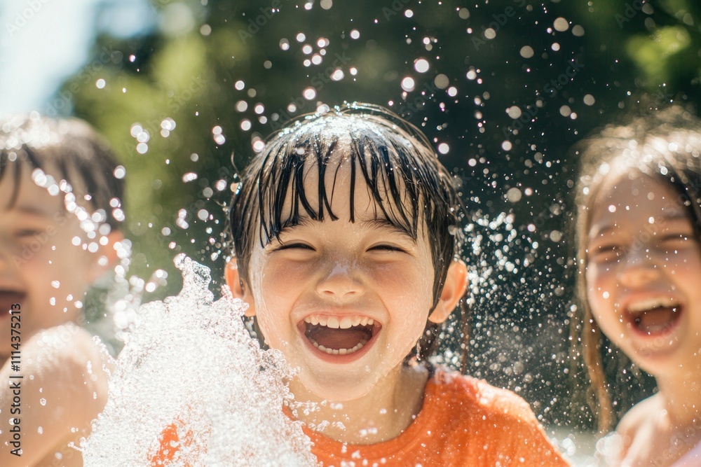 Happy Children Playing Joyfully In Splashing Water Happy Children Playing Joyfully In Splashing Water