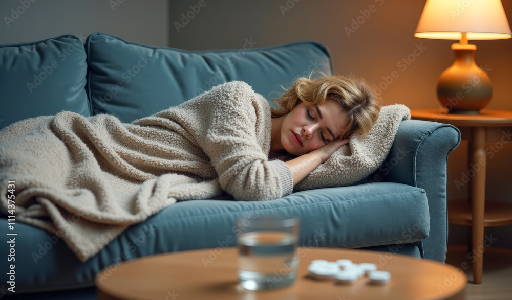 Obraz premium Sleeping woman , pills with water on the table