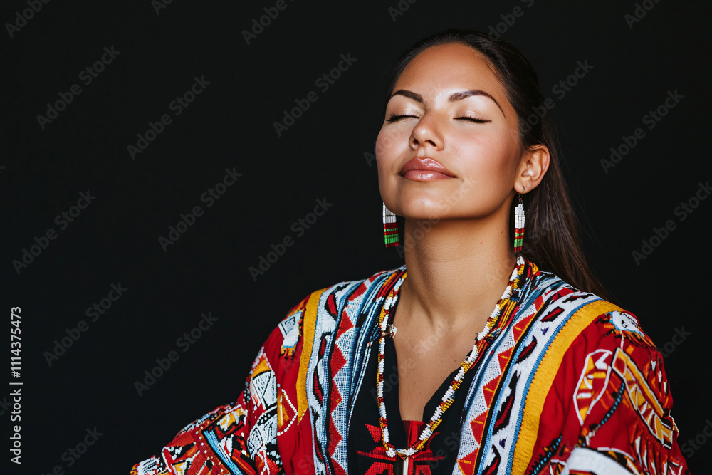 a Native American woman kneeling during a spiritual ritual, her attire adorned with traditional patterns a Native American woman kneeling during a spiritual ritual, her attire adorned with traditional patterns