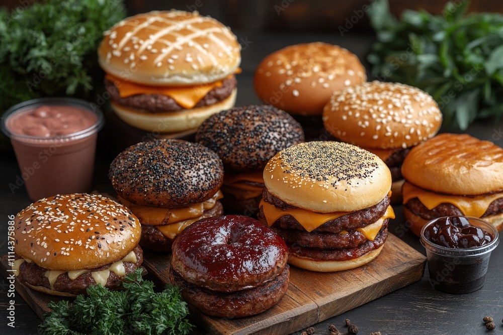 A variety of burgers displayed on a table, great for food or party use A variety of burgers displayed on a table, great for food or party use