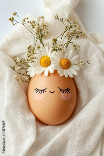 Easter egg with a cute painted face and a floral crown on white fabric, symbolizing spring coziness and celebration.