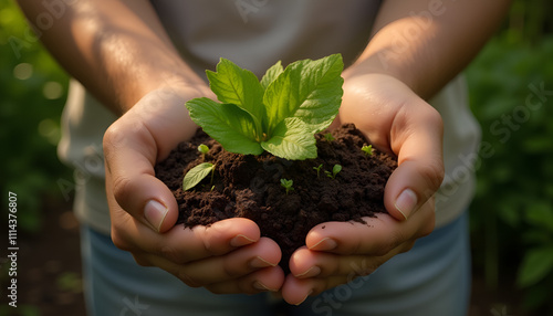 Hands holding a small plant with soil, symbolizing care for the environment and nurturing growth 