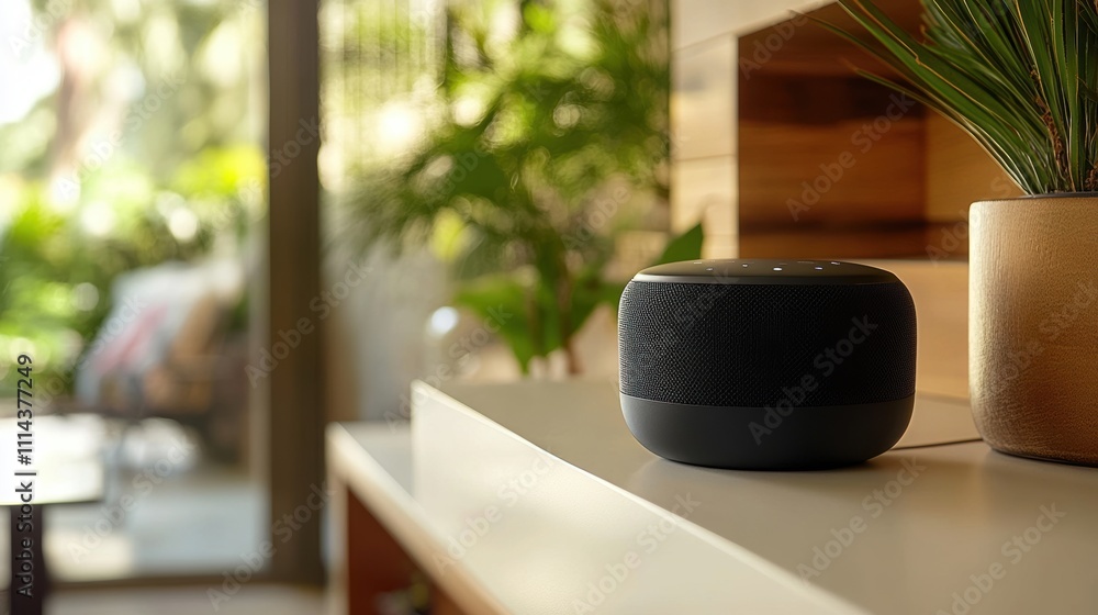 Smart Speaker on Shelf Home Interior Modern Technology Audio Device Smart Speaker on Shelf Home Interior Modern Technology Audio Device
