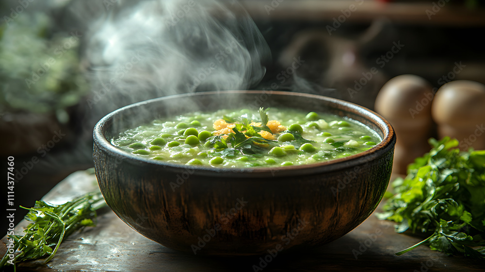 Steaming peas soup with bright green cooked vegetables, healthy organic lunch featuring fresh rustic bowl of comforting food and dinner.