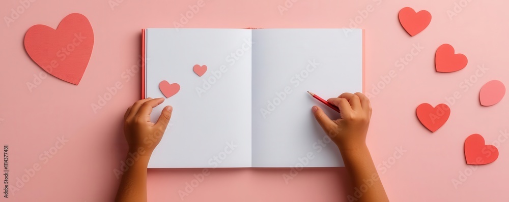 Obraz premium DIY gifts for Valentine's day. A child assembling a personalized scrapbook as a Valentine s Day gift for a loved one