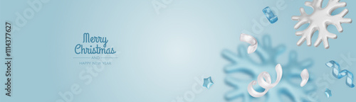 Happy New Year and Merry Christmas. Christmas holiday background with realistic 3d objects, bauble balls, conical metal stars. Levitation falling design composition.