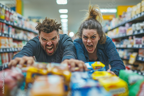 Intense competition between two shoppers in a grocery store aisle. Generative AI photo