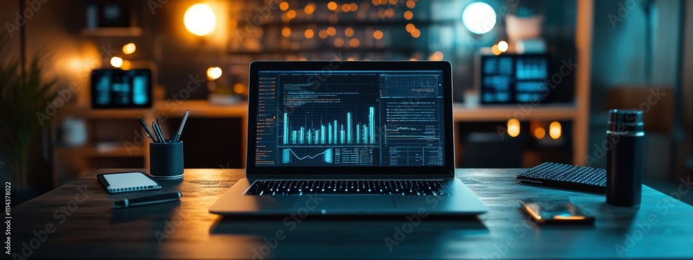 Modern Tech Desk Laptop Data Analytics Night Work Modern Tech Desk Laptop Data Analytics Night Work