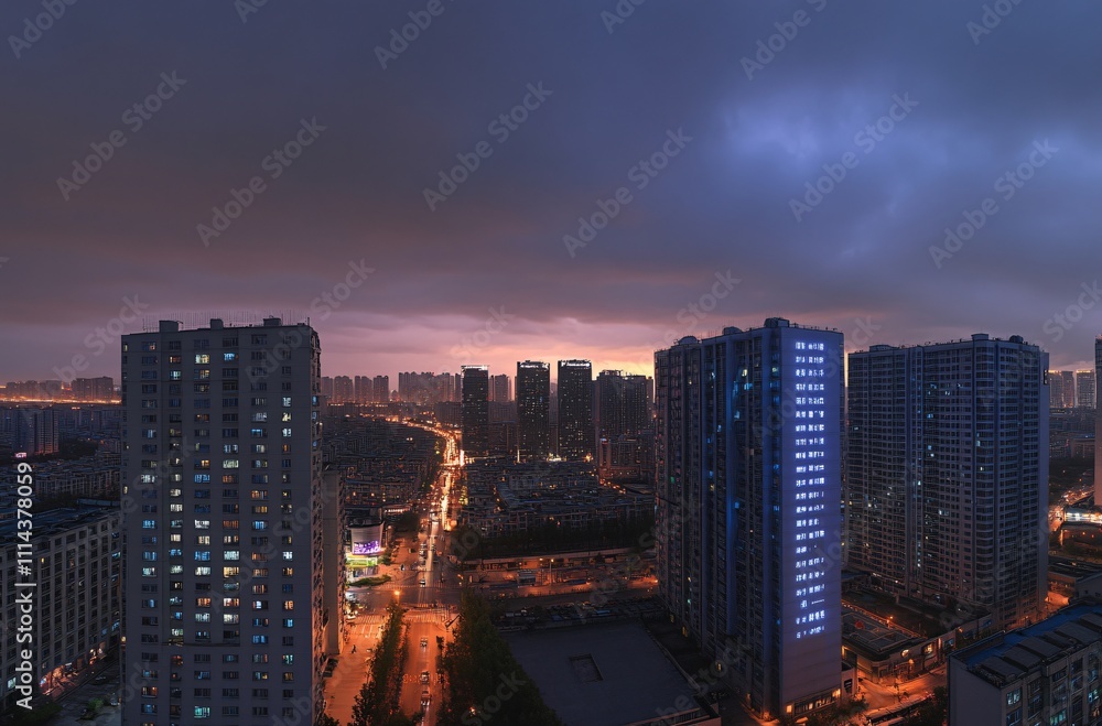 Fototapeta premium Aerial view of a city at night showcasing a solitary apartment building and office towers with illuminated facades, highlighting the vibrant real estate and commercial districts of the urban skyline.