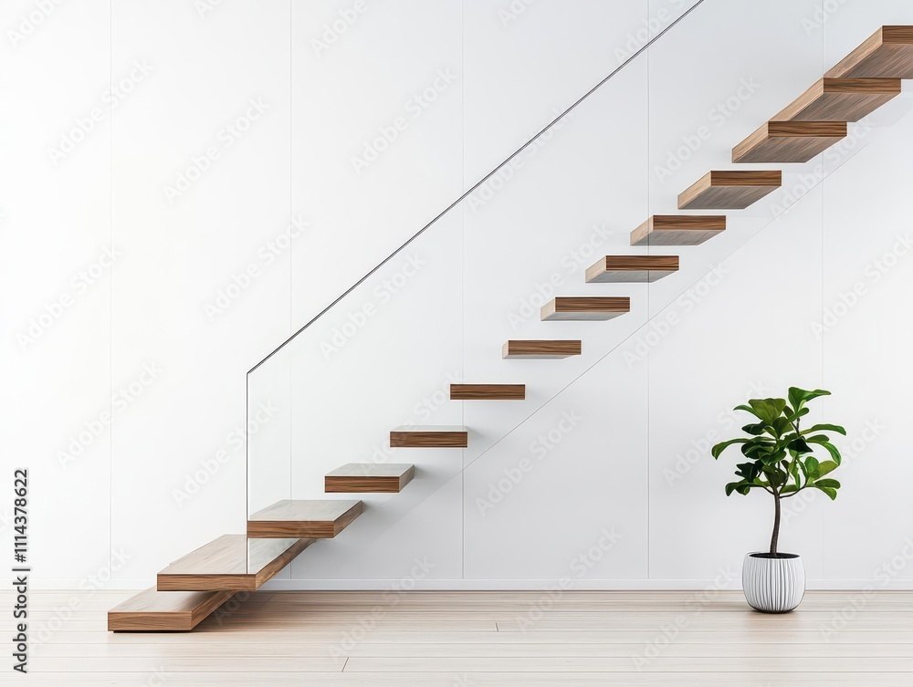 Simple floating staircase with wooden steps and minimalist glass panels, creating an elegant look in a modern office Simple floating staircase with wooden steps and minimalist glass panels, creating an elegant look in a modern office
