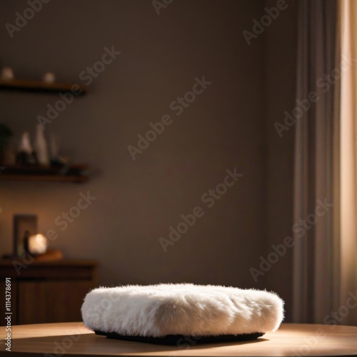 Cozy Minimalist Furry Pillow on Wooden Table 