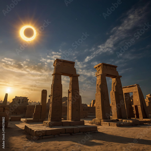Solar eclipse observed over ancient ruins at Karnak Temple in Luxor, Egypt during twilight