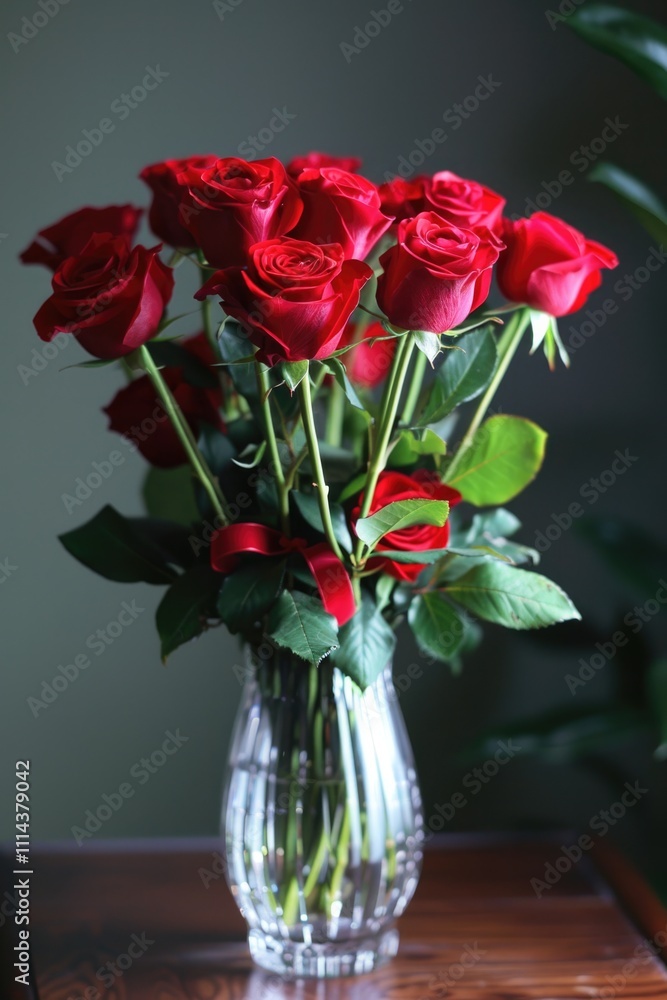 Obraz premium Vase Roses. Beautiful Bouquet of Roses in a Vase for Anniversary Celebration